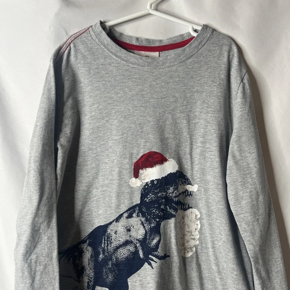Hanna Anderson 140 (10) Boys Christmas Shirt‎ T-Rex Dinosaur Santa Hat Gray